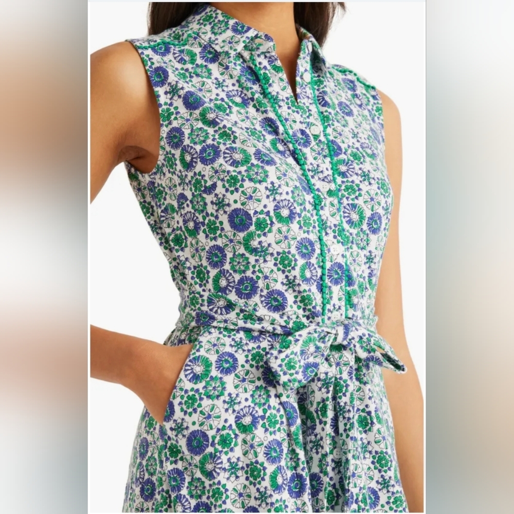 New Boden Cotton Midi Dress 6 Rhoda Pom Trim Sleeveless Shirtdress